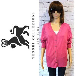 TESORI, Fuchsia pink button up silk and cashmere cardigan